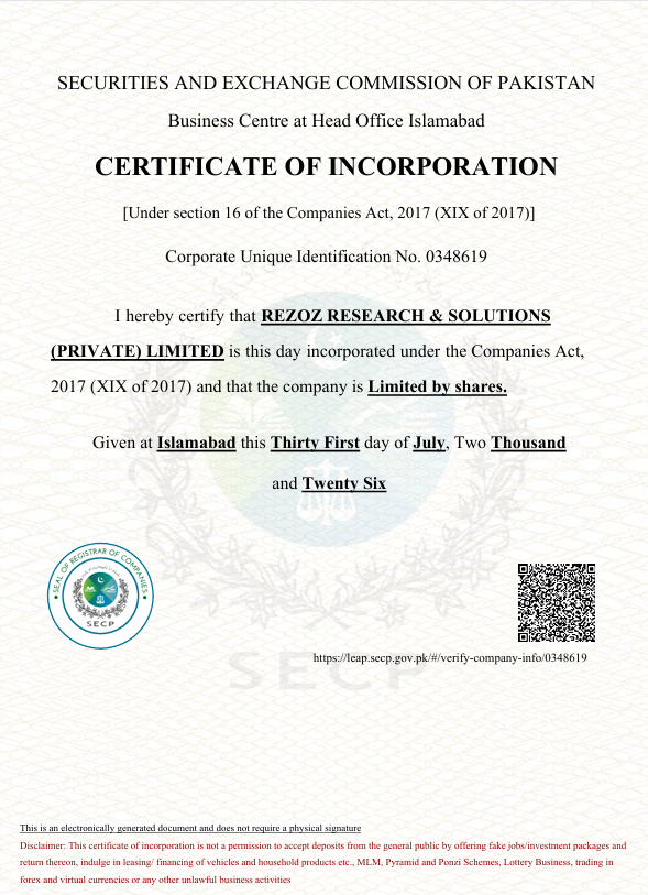 SECP Certificate of Incorporation — Rezoz Research & Solutions (Pvt.) Limited